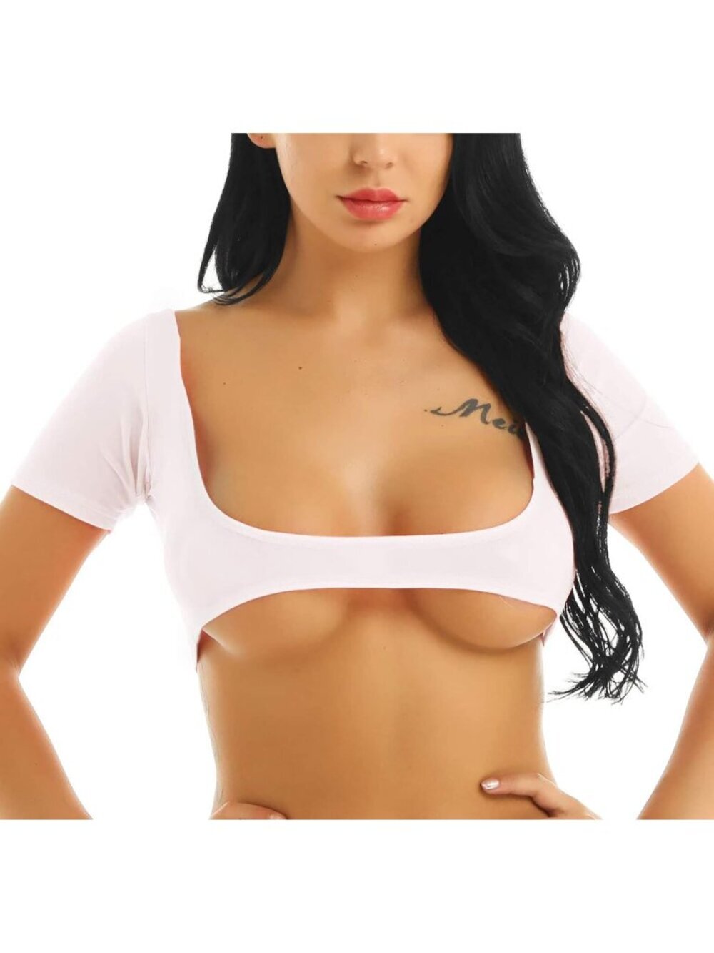 Women's White Mesh Open Bust Short Sleeve Spandex Belly Dance Crop Top